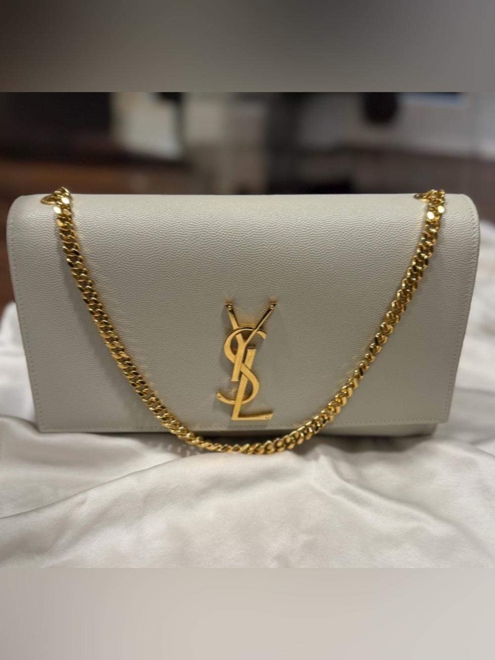 Saint Laurent Cream Leather Chain Crossbody with Gold YSL Hardware